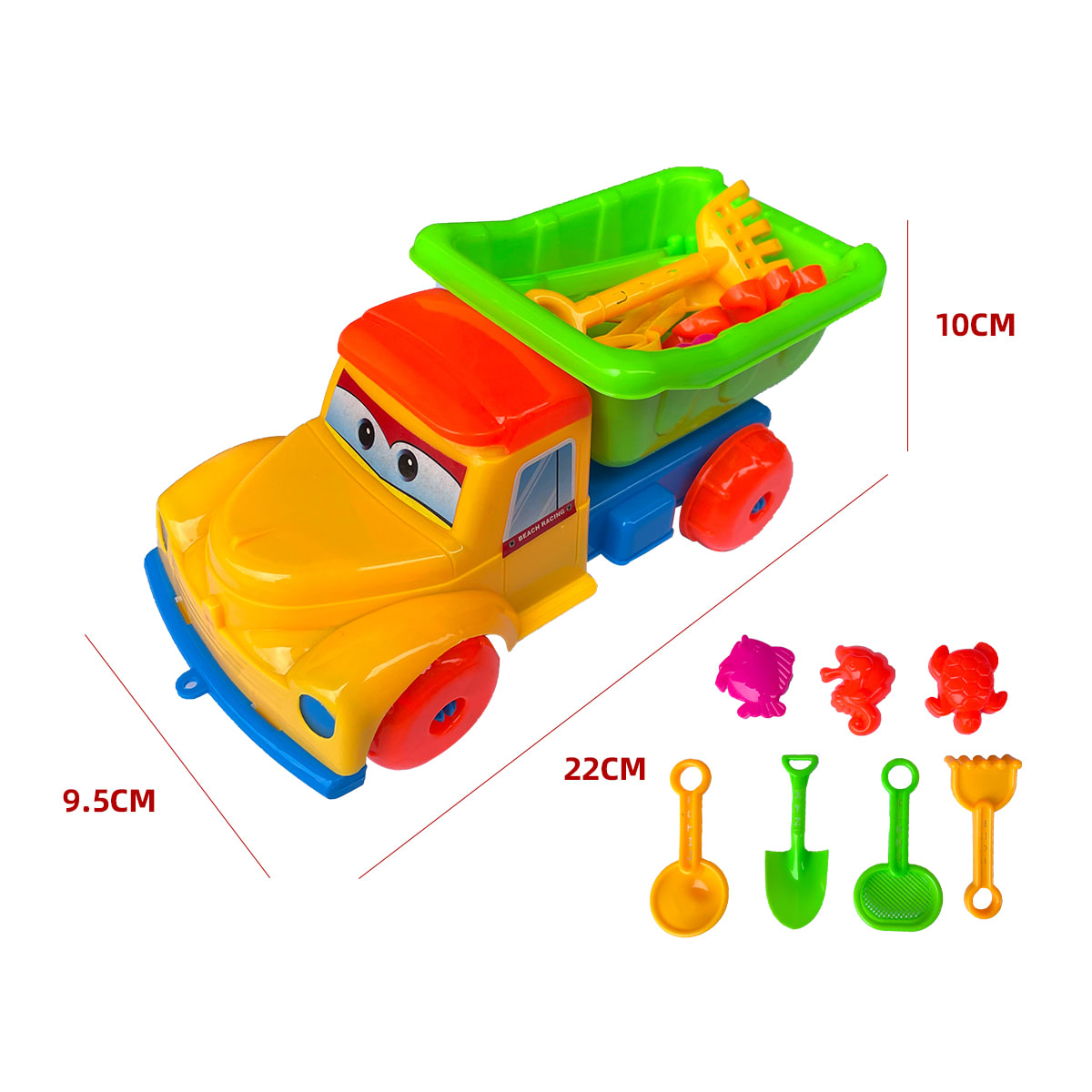 CAMION DE PLAYA CON ACCESORIOS DE EXCAVACION 9.5X22X10CM2