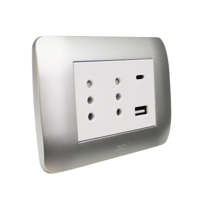 Tomacorriente Duplex 10A + 2 USB Plata Blanco Armado Lexo1