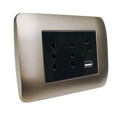 Tomacorriente Duplex 10A + 2 USB Titanio Café Armado Lexo1