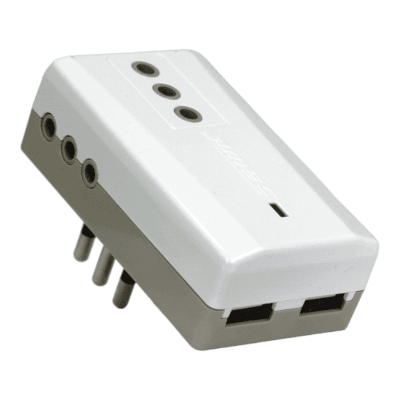 Adaptador Triple 2P+T 10A 250V Con 2 USB 2.4A Blanco MEC1