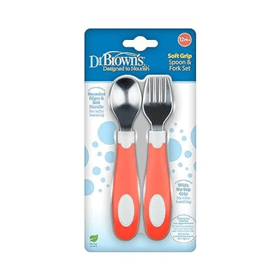 Set tenedor y cuchara agarre suave 12M+ Dr Brown´s Coral/Blanco2
