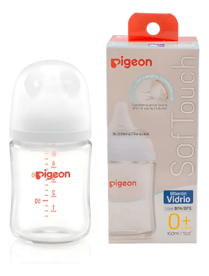 Biberón Pigeon Softouch Vidrio 160ml Anticólicos Flujo Lento Tetina Silicona 0-3 Meses