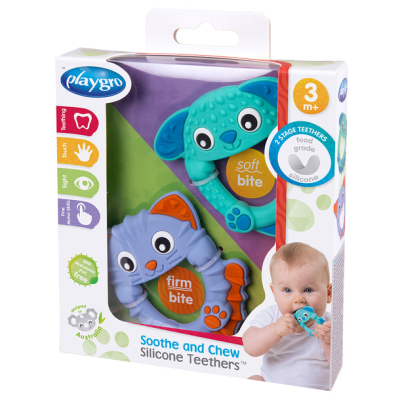 Pack Mordedores de Silicona Playgro | Texturas Suave y Dura | Alivio Dentición 3m+5