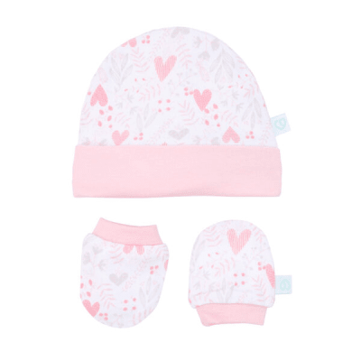Gorrito y Mitones 100% Algodón - Corazones1