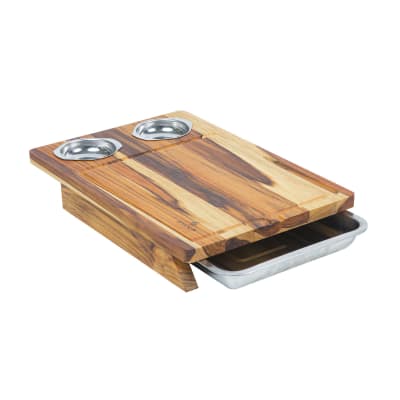TABLA MULTIUSO CON BANDEJA 2 POCILLOS INOX. MADERA TECA STOLF MULTIMENAJE 44X30X6,5 CM