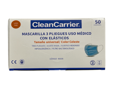 MASCARILLA 3P CELESTE C/ELASTICO USO MEDICO CLEAN CARRIER X 50 UN