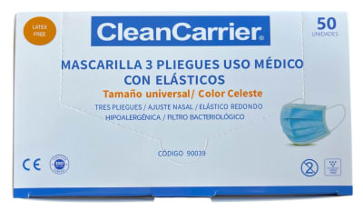 MASCARILLA 3P CELESTE C/ELASTICO USO MEDICO CLEAN CARRIER X 50 UN