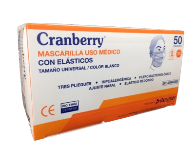 MASCARILLA 3P BLANCA C/ELASTICO USO MEDICO CRANBERRY X 50 UN