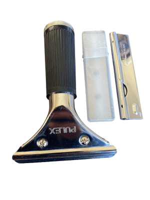 MANGO + RASPADOR VIDRIO 10 CM + 10 CUCHILLOS PULEX