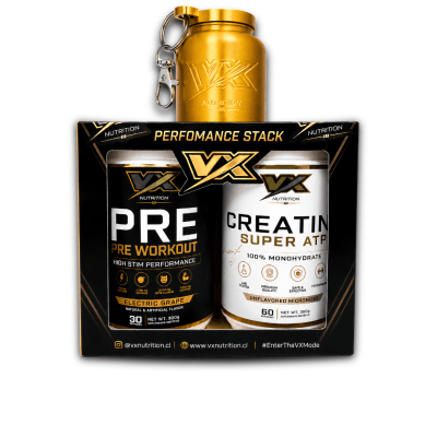 CREATINA SUPER ATP VX (300 G) + PRE WORKOUT VX (300 GR) + PORTA PROTEINA VX