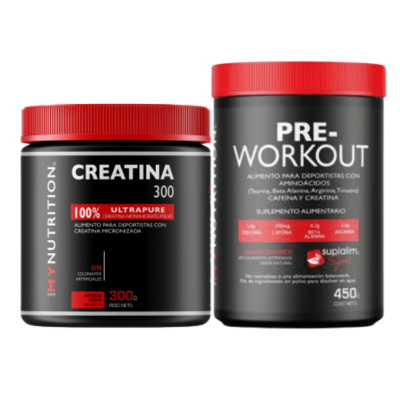 CREATINA 100% MONOHIDRATADA (300 GR) + PRE ENTRENO PRE WORKOUT MY NUTRITION (450 GR)