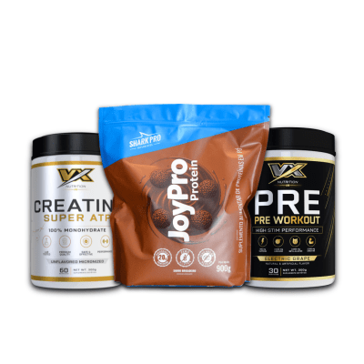 PROTEINA JOYPRO SHARK (900 GR) + CREATINA 100% MONOHIDRATADA (300 GR) + PRE WORKOUT VX (300 GR)