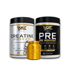 CREATINA SUPER ATP VX (300 G) + PRE WORKOUT VX (300 GR) + PORTA PROTEINA VX