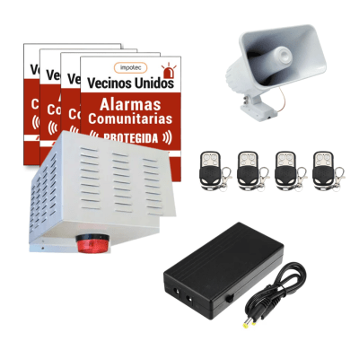 Alarma Comunitaria 30W + UPS Respaldo + 4 Controles Remoto + 4 Placas Disuasivas / IMPOTEC 1
