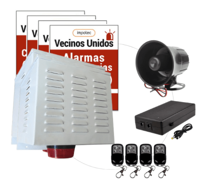 Alarma Comunitaria 20W + UPS Respaldo + 4 Controles + 4 Placas Disuasivas / IMPOTEC 2