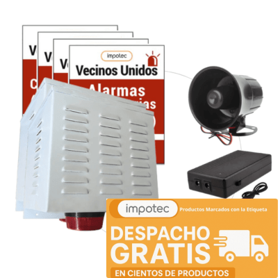 Alarma Comunitaria 20W + UPS Respaldo + 4 Controles + 4 Placas Disuasivas / IMPOTEC