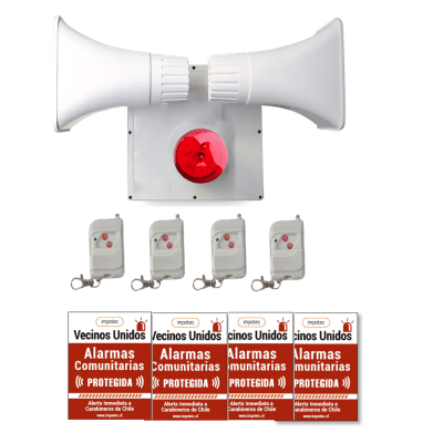 Kit Alarma Comunitaria Doble Sirena 60w + 4 Controles + 4 Placas Disuasivas 3