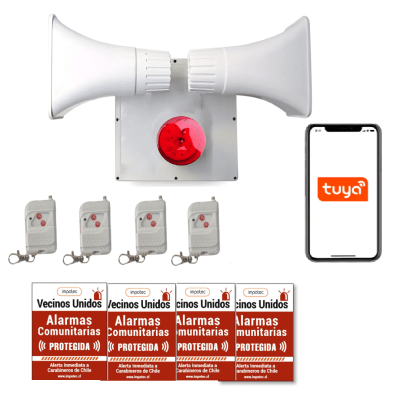 Alarma Comunitaria Wifi Sirena 60w + 4 controles remoto + 4 placas disuasivas