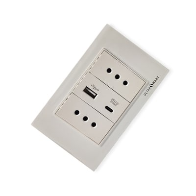 Cargador USB / Tipo C Muro + 2 Enchufes 10A 250V,  Linea Crystal