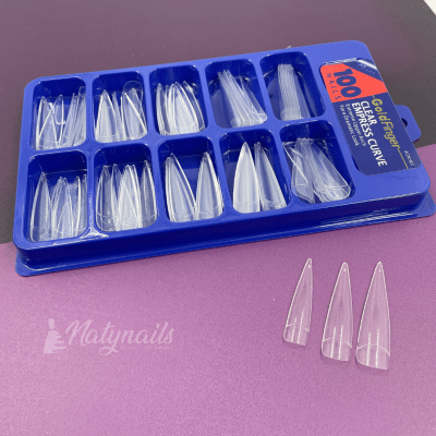 TIPS STILETTO XL TRANSPARENTE CAJA AZUL 100 UN C/P1