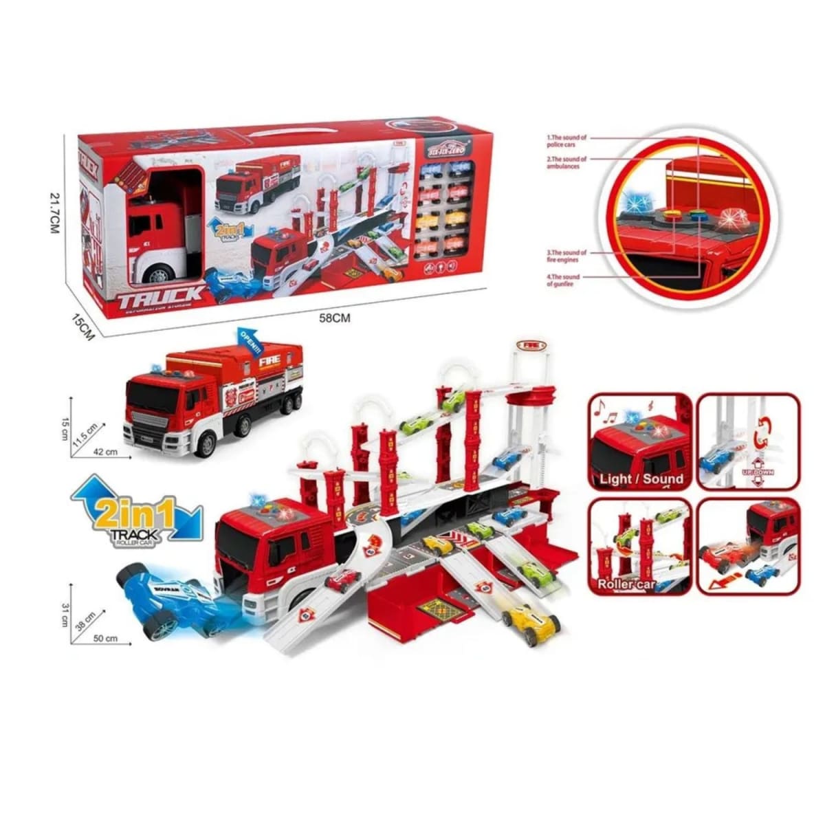 Camión de Bomberos Multifuncional: Luz, sonido, incluye carros1