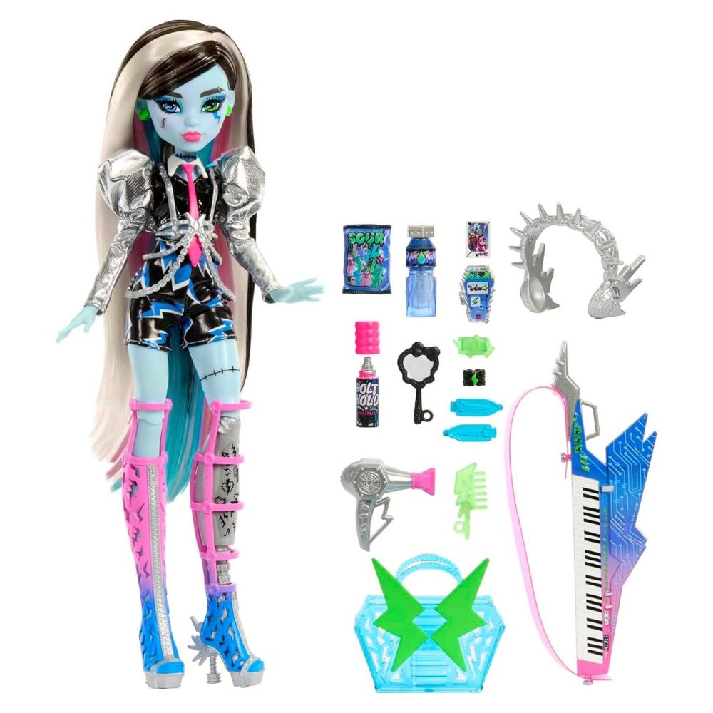 Muñeca Monster High Frankie Stein Amped Up Rockstar con Instrumento y Accesorios1