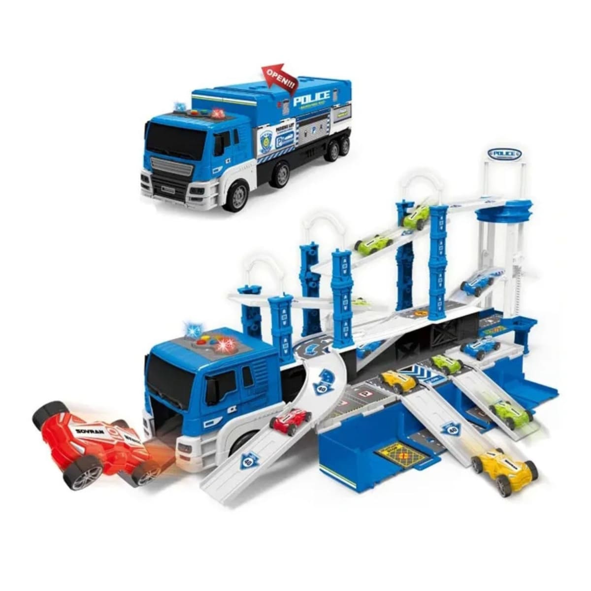 Camión Policía Multifuncional: Luz, Sonido, Incluye Carros1