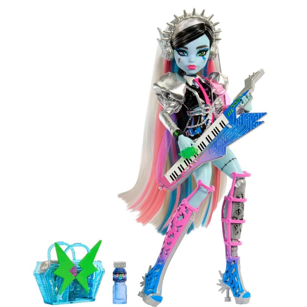 Muñeca Monster High Frankie Stein Amped Up Rockstar con Instrumento y Accesorios2