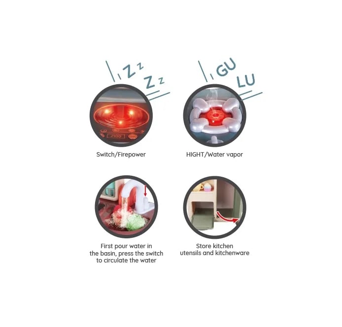 Cocina para Niños Vapor,Luz y Agua 70 cm con 42 piezas7