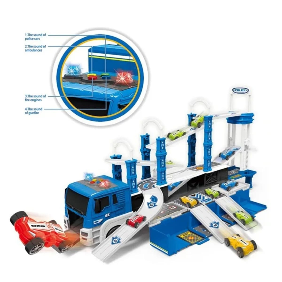 Camión Policía Multifuncional: Luz, Sonido, Incluye Carros5