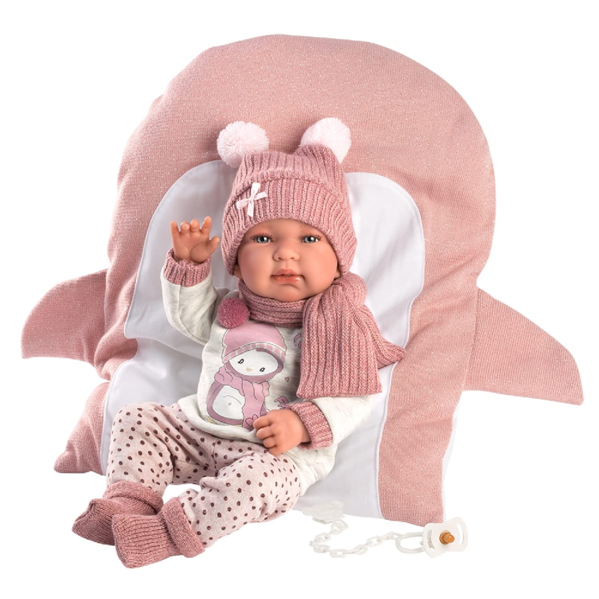Muñeca Llorens Bebé Tina 43cm Cojin Pingüino2