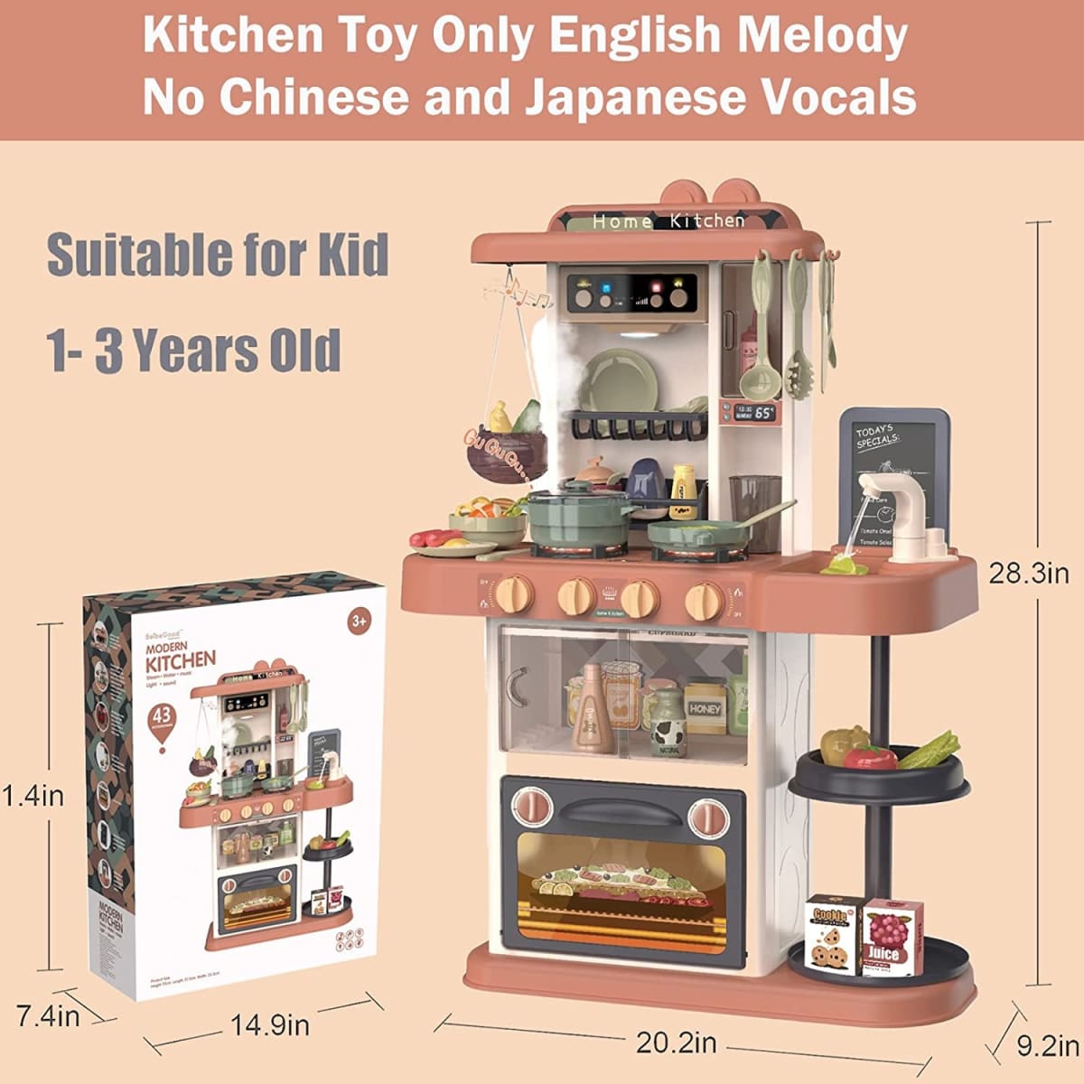 Cocina Moderna para Niños  Vapor,Luz y Agua 72 cm con 43 piezas 1