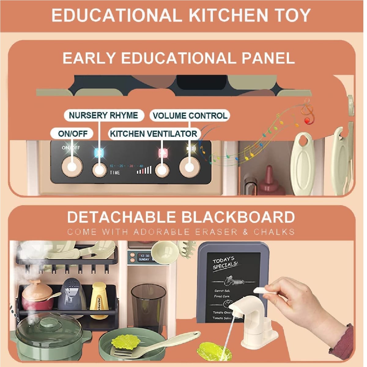Cocina Moderna para Niños  Vapor,Luz y Agua 72 cm con 43 piezas 2