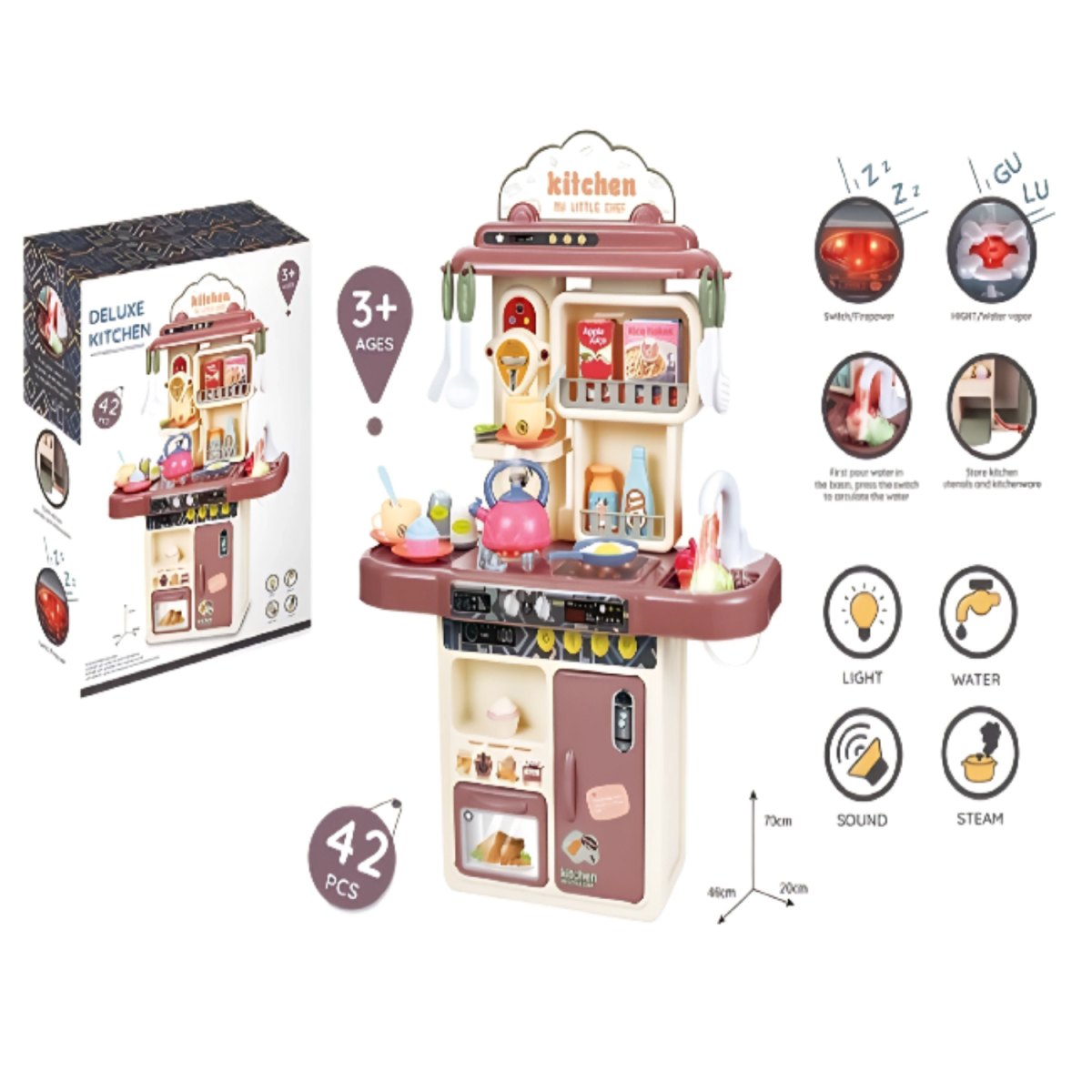 Cocina para Niños Vapor,Luz y Agua 70 cm con 42 piezas8