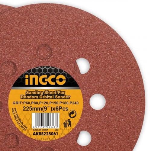 SET 6 LIJAS VELCRO Ø 225MM PARA LIJADORA DE PARED DRYWALL INGCO