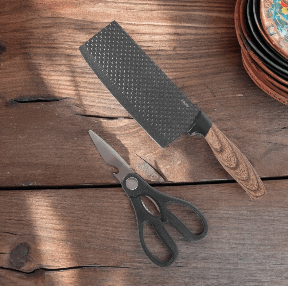 Oster Set Tijera y Cuchillo carnicero 17cm Gunderson estilo madera2