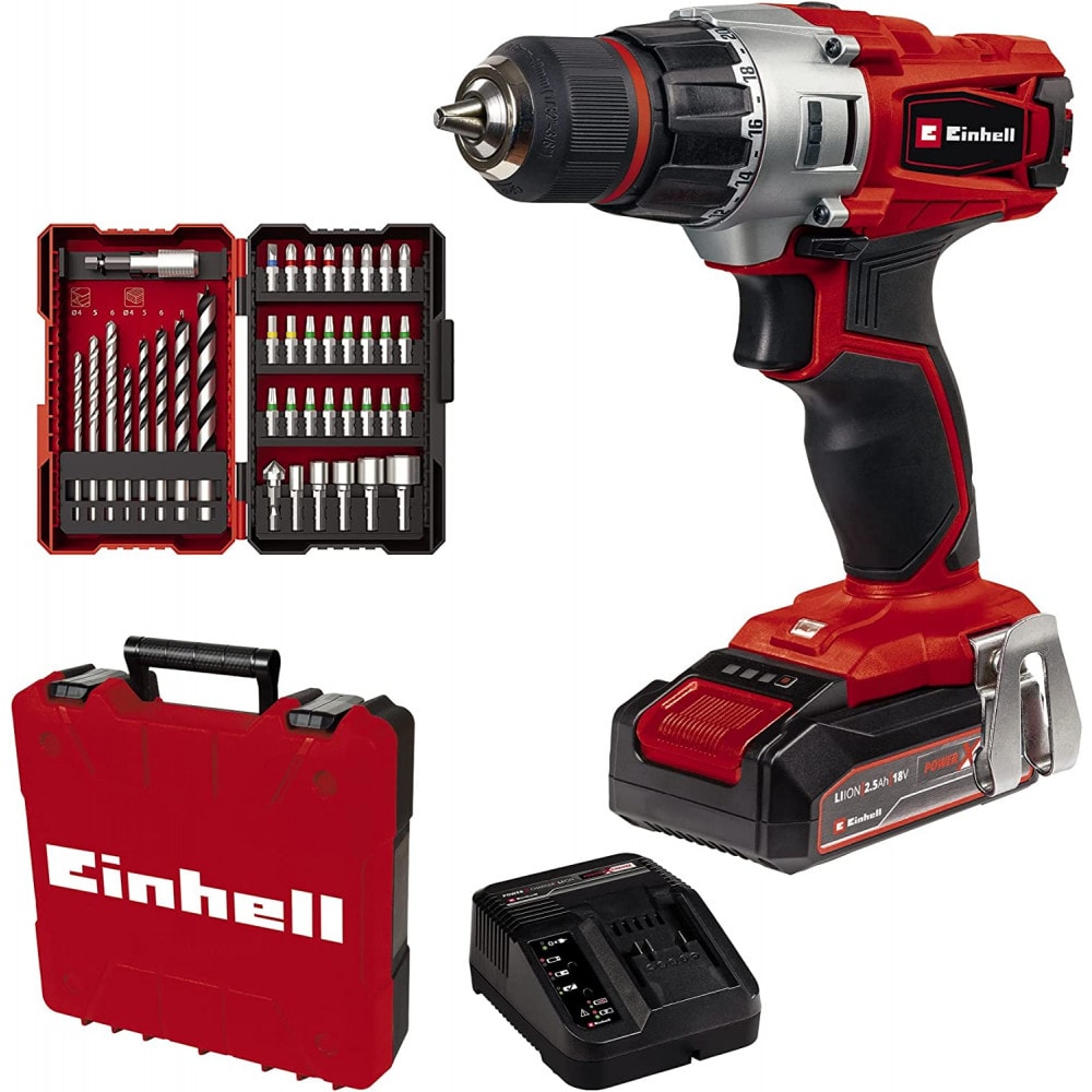 Einhell Taladro inalambrico 13mm 18volts /60nm  2 Batt 18v 2ah + 39 piezas2
