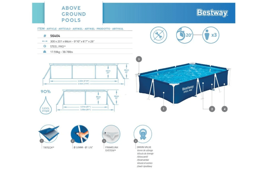 Piscina Bestway Splash Frame 3mts x 2 mts x 65cm3
