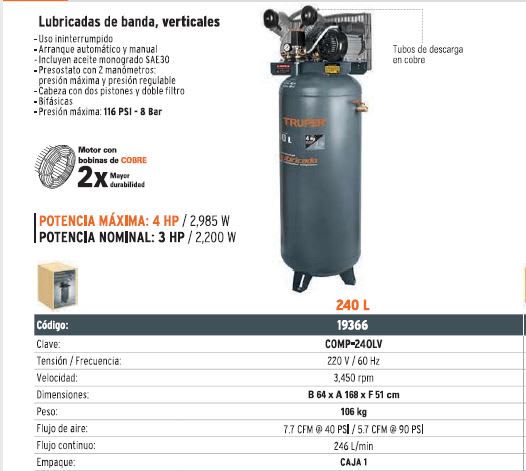 Compresora de banda vertical de 240 litros Truper | Inversiones Generales