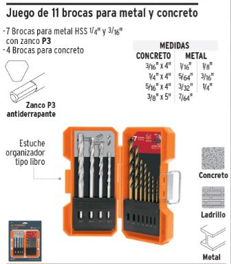 Juego de 11 brocas para concreto/metal Truper