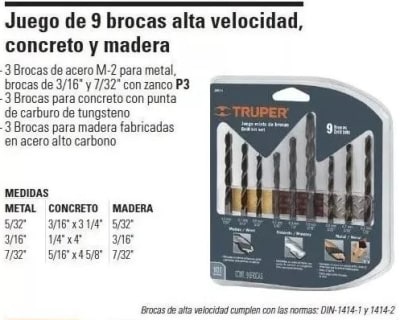 Juego de 9 brocas para concreto/madera/metal Truper