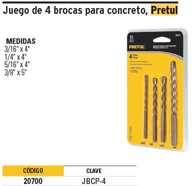Juego de 4 brocas para concreto Pretul