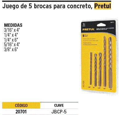 JUego de 5 brocas para concreto, Pretul.