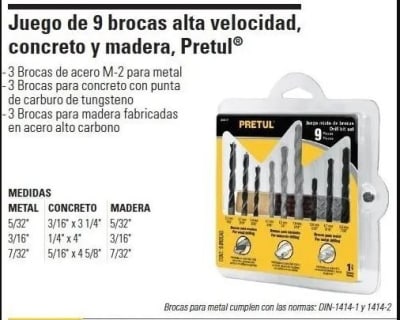 Juego de 9 brocas para concreto/madera/metal Pretul