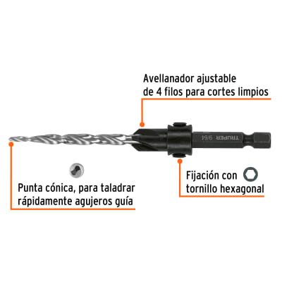 Broca avellanadora #10 para madera, 3/16