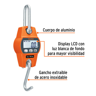 Báscula electrónica colgante, de pilas, 300 kg