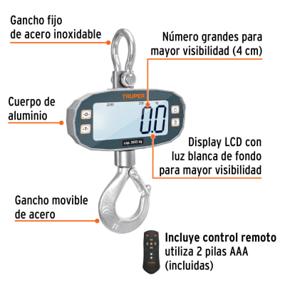 Báscula electrónica colgante, recargable, 500 kg