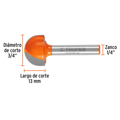 Broca para router, media caña, 3/4