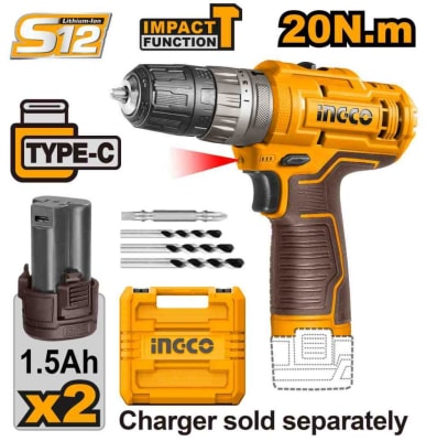 TALADRO CON PERCUTOR INALAMBRICO 12V 20N.m +2BAT