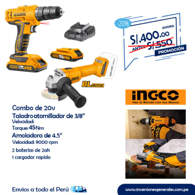 Combo amoladora y taladro atornillador de 20V Ingco